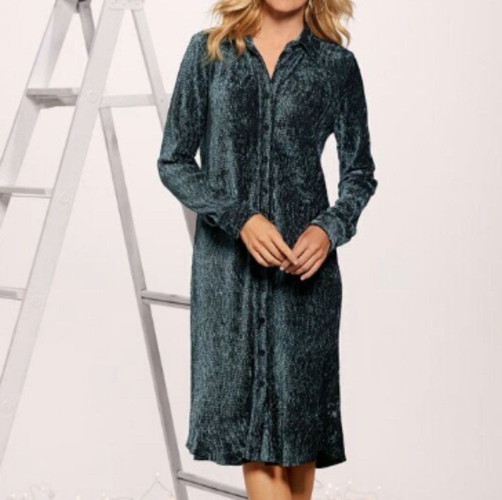 NWOT Soft Surroundings Maxime Grey Blue Crinkle Velvet Long Sleeve Shirtdress
